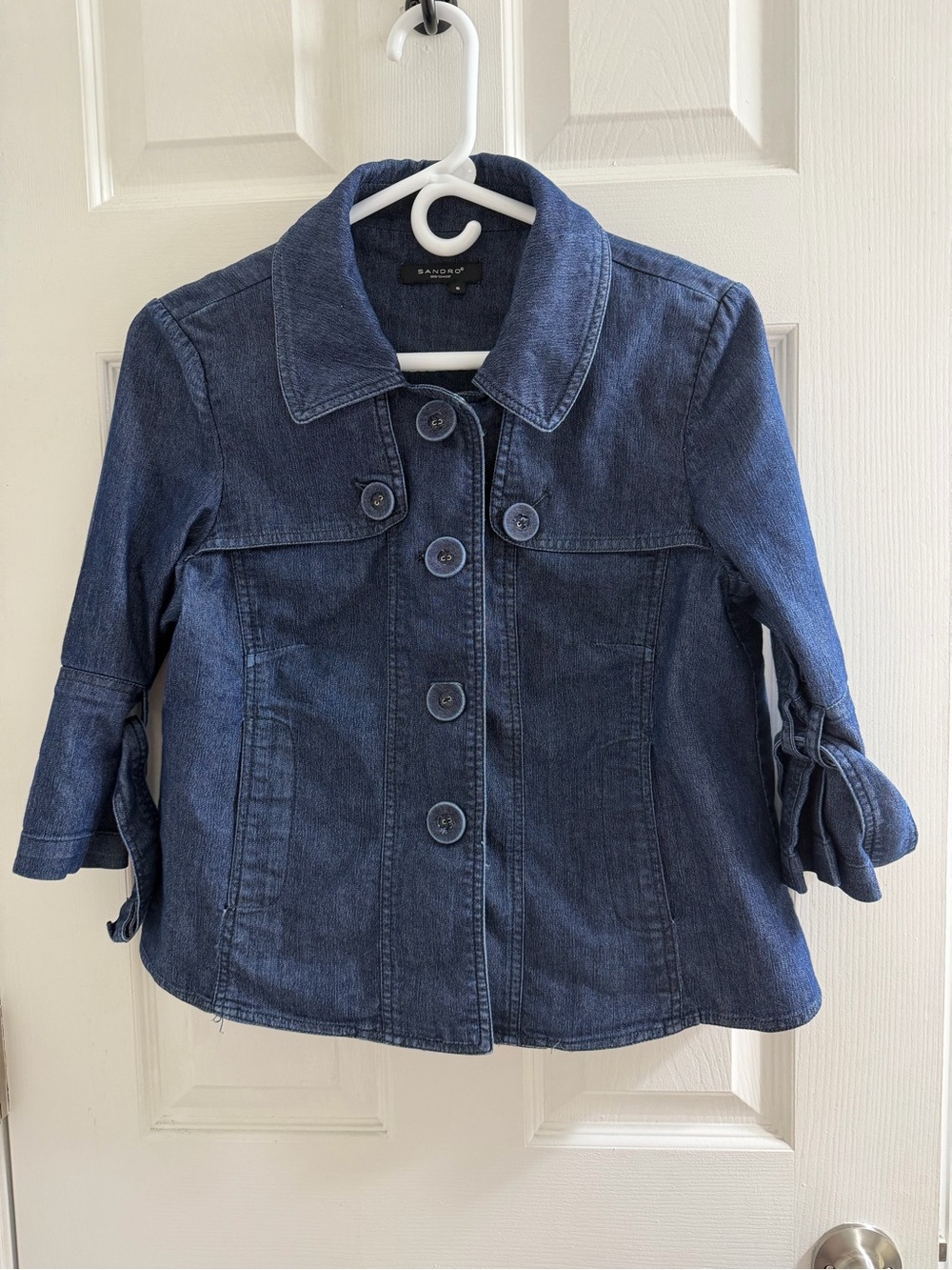 Sandro Paris Dark Blue Denim Jacket Shirt Bow Sleeve Detail Small S - Picture 1 of 4